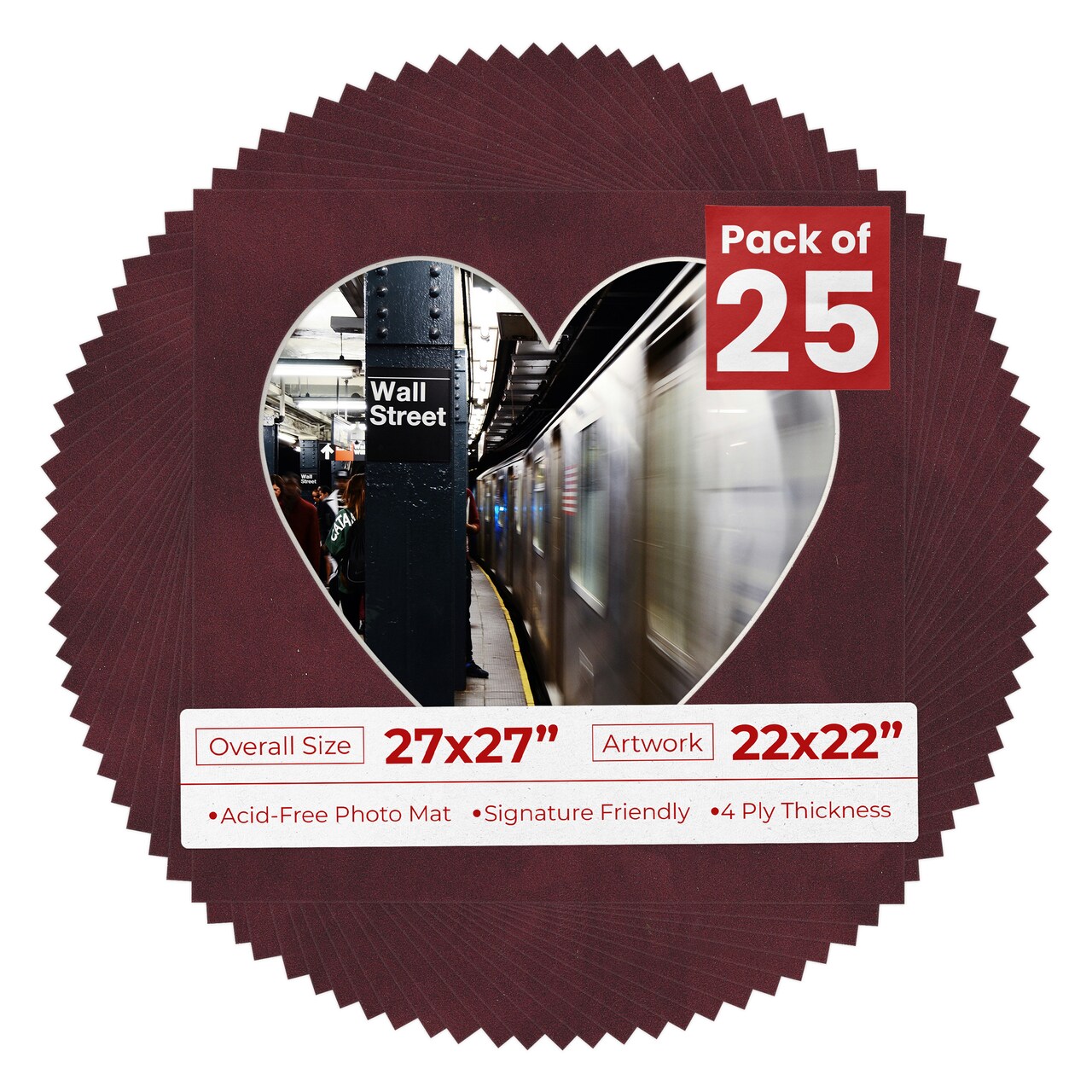 Dark Red Suede Mat Board for 27x27 Frames - Heart Opening for 22x22 Photos